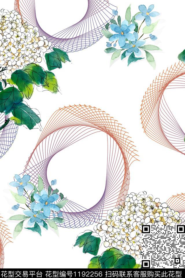 绣球花线条抽象几何.jpg - 1192256 - 春夏花型 大牌风 绣球花 - 数码印花花型 － 女装花型设计 － 瓦栏