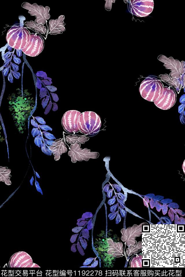 水彩花束小西瓜-1.jpg - 1192278 - 春夏花型 水彩花卉 水果 - 数码印花花型 － 女装花型设计 － 瓦栏