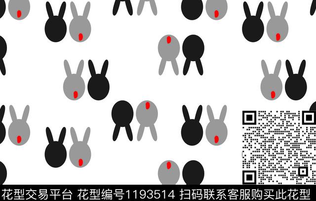 year 兔子.jpg - 1193514 - 兔子 传统花型 黑白花型 - 传统印花花型 － 童装花型设计 － 瓦栏