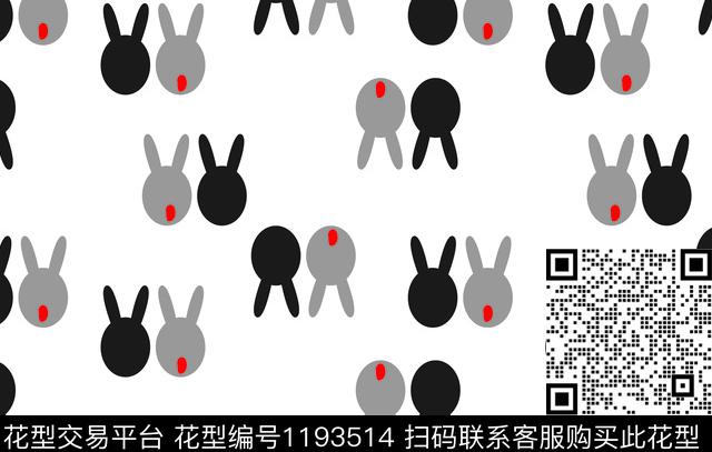 兔子传统花型黑白花型传统印花花型下载（图片编号: 1193514） - 瓦栏（Walan）