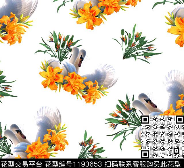 天鹅天堂鸟花卉3.jpg - 1193653 - 花卉 天堂鸟 天鹅 - 数码印花花型 － 女装花型设计 － 瓦栏