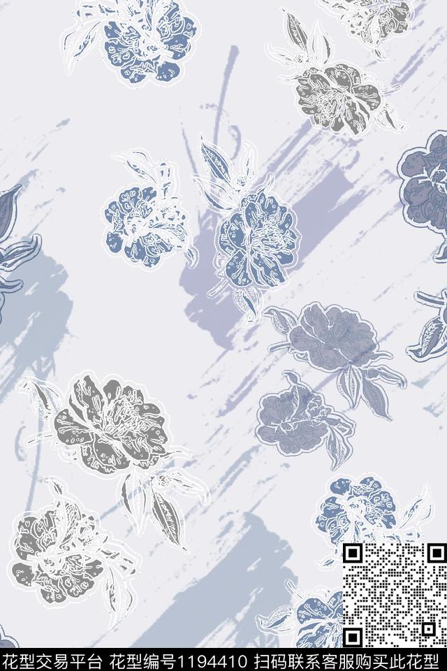 抽象花卉抽象青蓝雅韵系列数码印花花型下载（图片编号: 1194410） - 瓦栏（Walan）