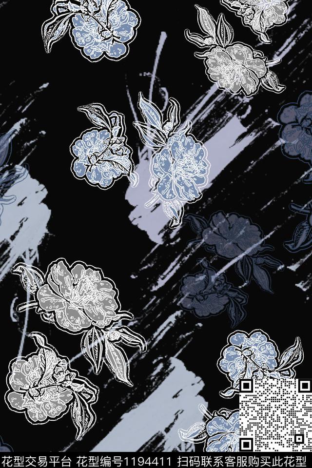 抽象花卉抽象青蓝雅韵系列数码印花花型下载（图片编号: 1194411） - 瓦栏（Walan）