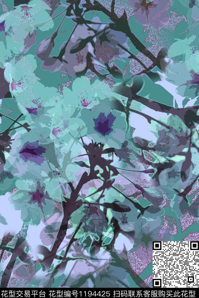 抽象花卉植物迷彩图案数码印花花型下载（图片编号: 1194425） - 瓦栏（Walan）
