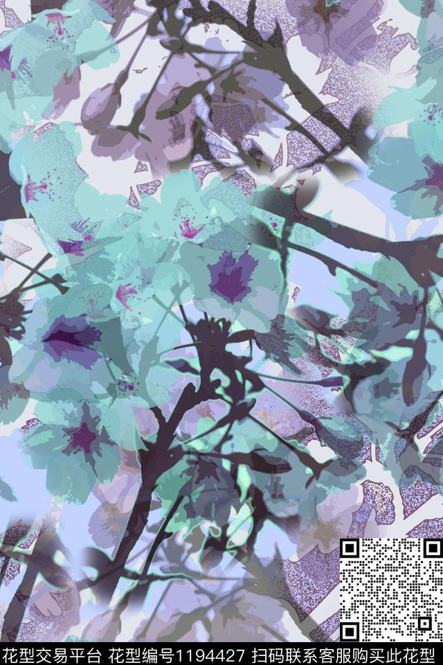 抽象花卉植物迷彩图案数码印花花型下载（图片编号: 1194427） - 瓦栏（Walan）