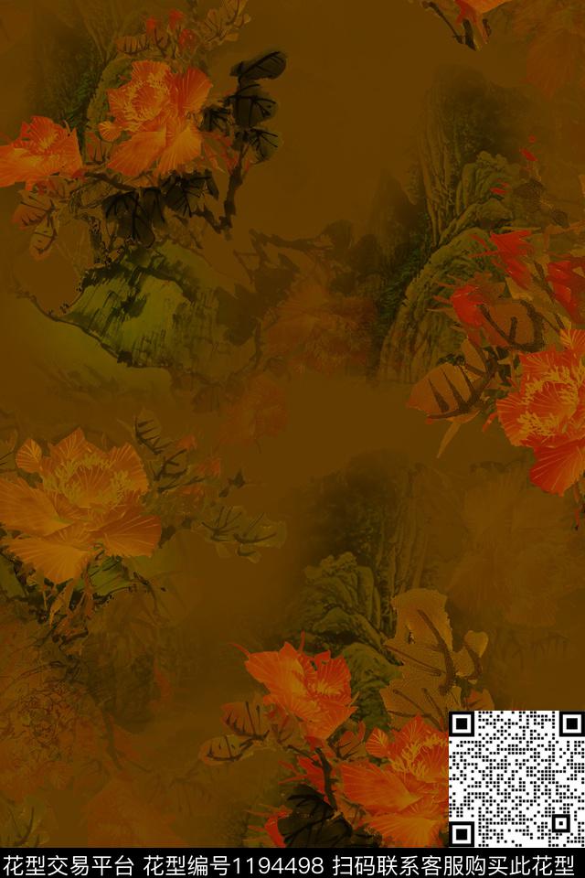 H54.jpg - 1194498 - 香云纱 中国 牡丹 - 数码印花花型 － 女装花型设计 － 瓦栏