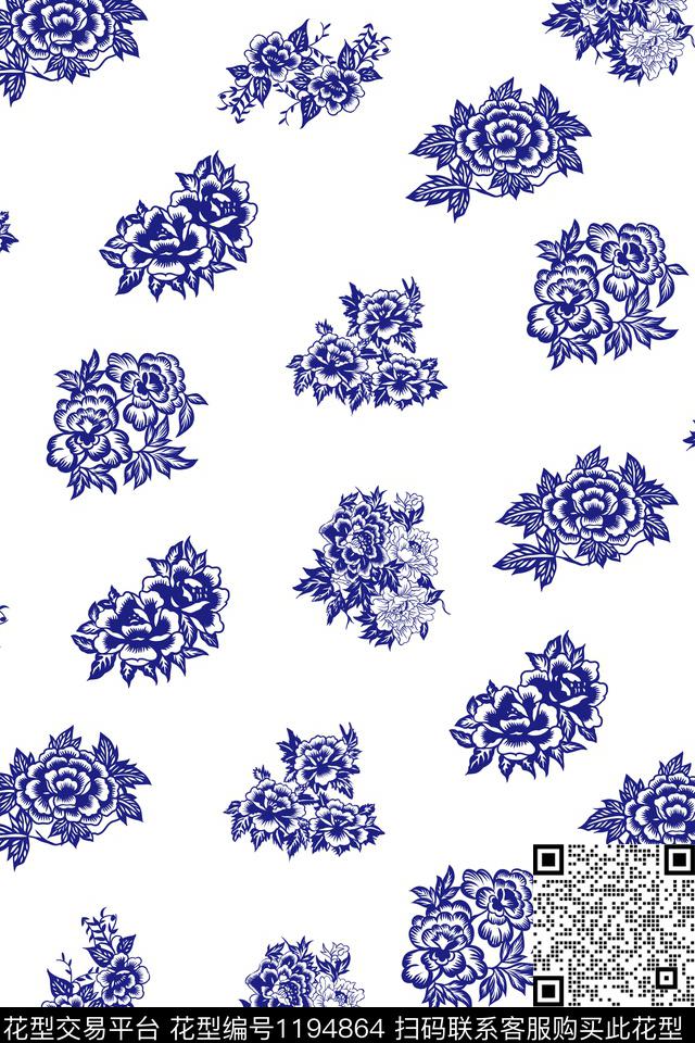 2019-4-8.jpg - 1194864 - 手绘 青花瓷 牡丹 - 传统印花花型 － 女装花型设计 － 瓦栏
