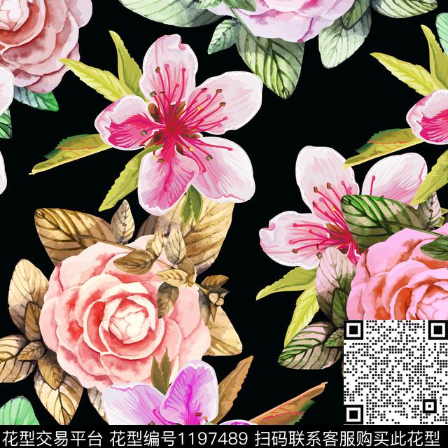 zj-143.jpg - 1197489 - 女装 水彩花卉 黑底花卉 - 数码印花花型 － 女装花型设计 － 瓦栏