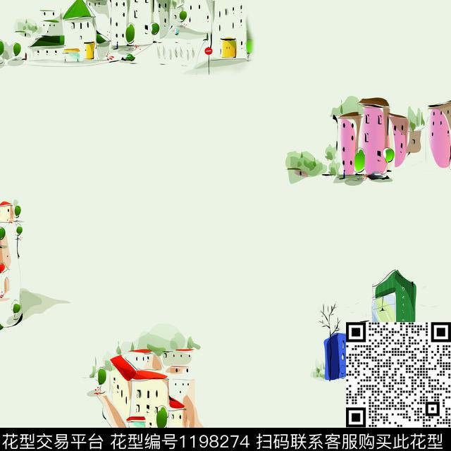 建筑手绘卡通数码印花花型下载（图片编号: 1198274） - 瓦栏（Walan）