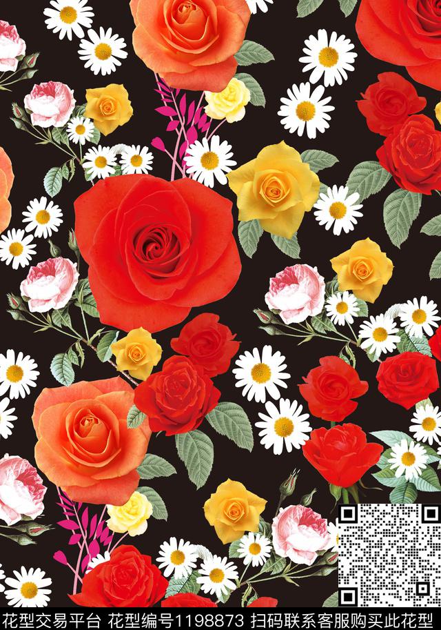 立体玫瑰花卉.jpg - 1198873 - 数码花型 花卉 大牌风 - 数码印花花型 － 女装花型设计 － 瓦栏