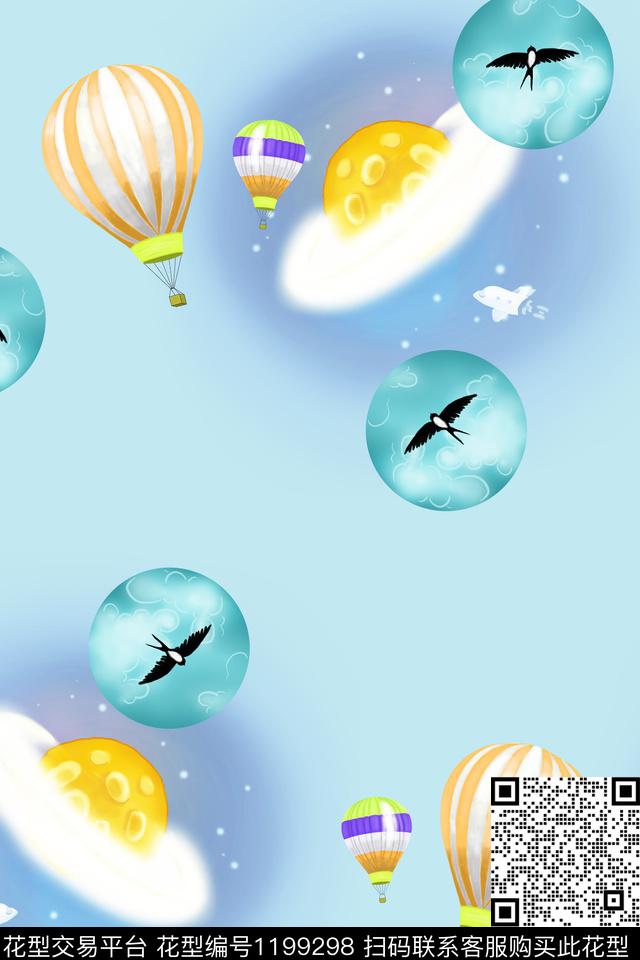 趣味星际热气球燕子.jpg - 1199298 - 春夏花型 星空 气球 - 数码印花花型 － 女装花型设计 － 瓦栏