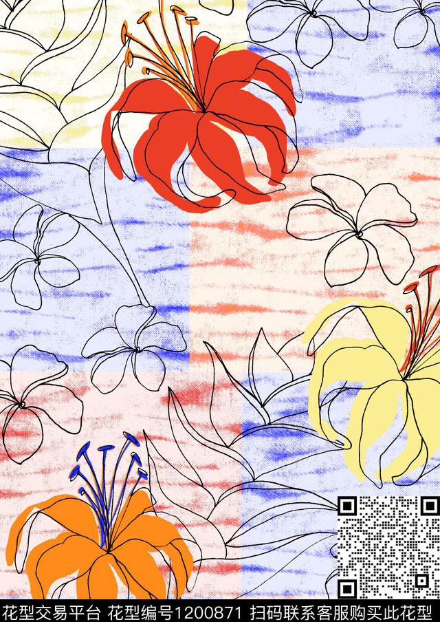 大花花卉抽象花卉传统印花花型下载（图片编号: 1200871） - 瓦栏（Walan）