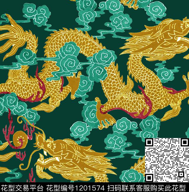 龙旗袍祥云数码印花花型下载（图片编号: 1201574） - 瓦栏（Walan）