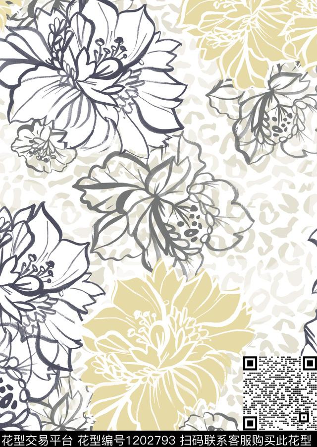 大花花卉抽象花卉数码印花花型下载（图片编号: 1202793） - 瓦栏（Walan）