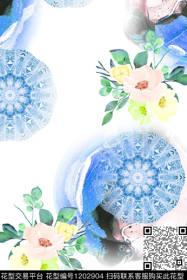 水墨瓷器曼陀罗小花-1.jpg - 1202904 - 水彩花卉 几何 曼陀罗 - 数码印花花型 － 女装花型设计 － 瓦栏