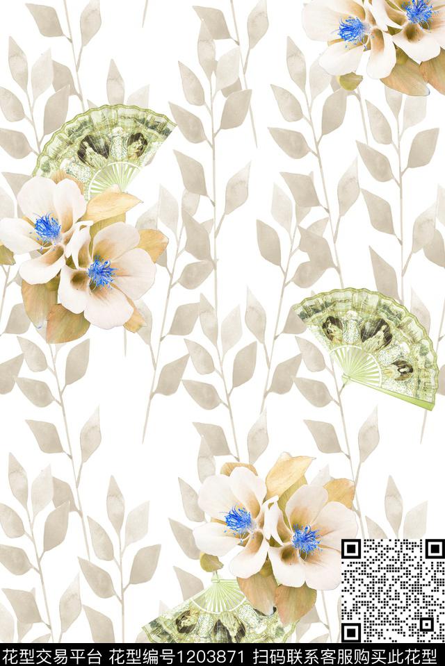 满地叶子扇子小花-1.jpg - 1203871 - 休闲 水彩花卉 扇子 - 数码印花花型 － 女装花型设计 － 瓦栏