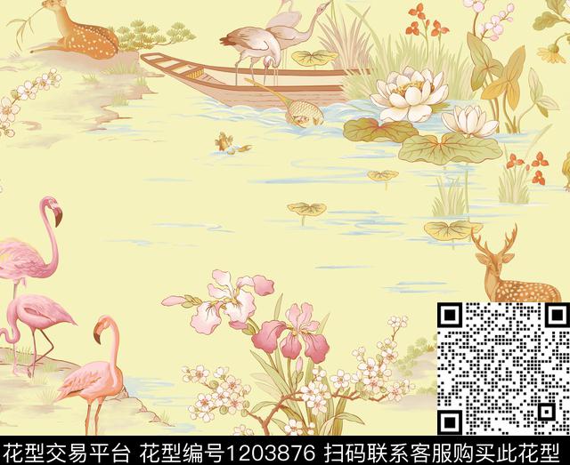 床品5.jpg - 1203876 - 时尚 火烈鸟 动物 - 传统印花花型 － 床品花型设计 － 瓦栏