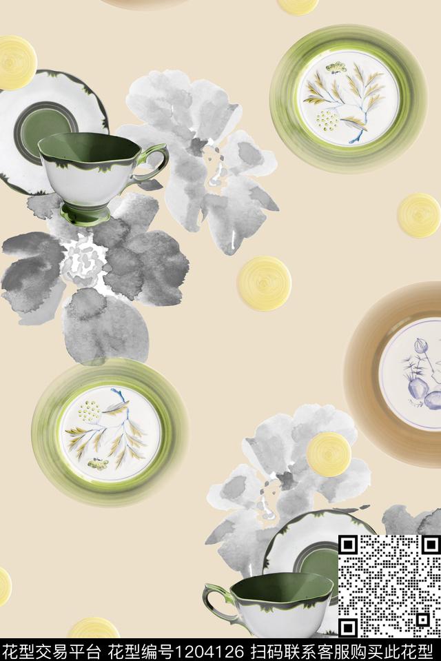 大小圆瓷器波点-1.jpg - 1204126 - 花瓶 水墨风 茶杯 - 数码印花花型 － 女装花型设计 － 瓦栏