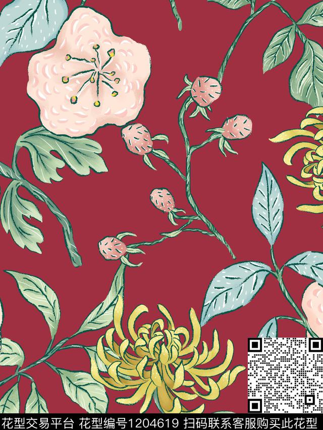 花卉大牌风绿植树叶传统印花花型下载（图片编号: 1204619） - 瓦栏（Walan）