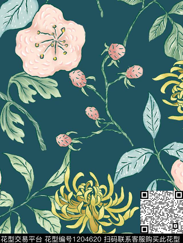 花卉大牌风绿植树叶传统印花花型下载（图片编号: 1204620） - 瓦栏（Walan）