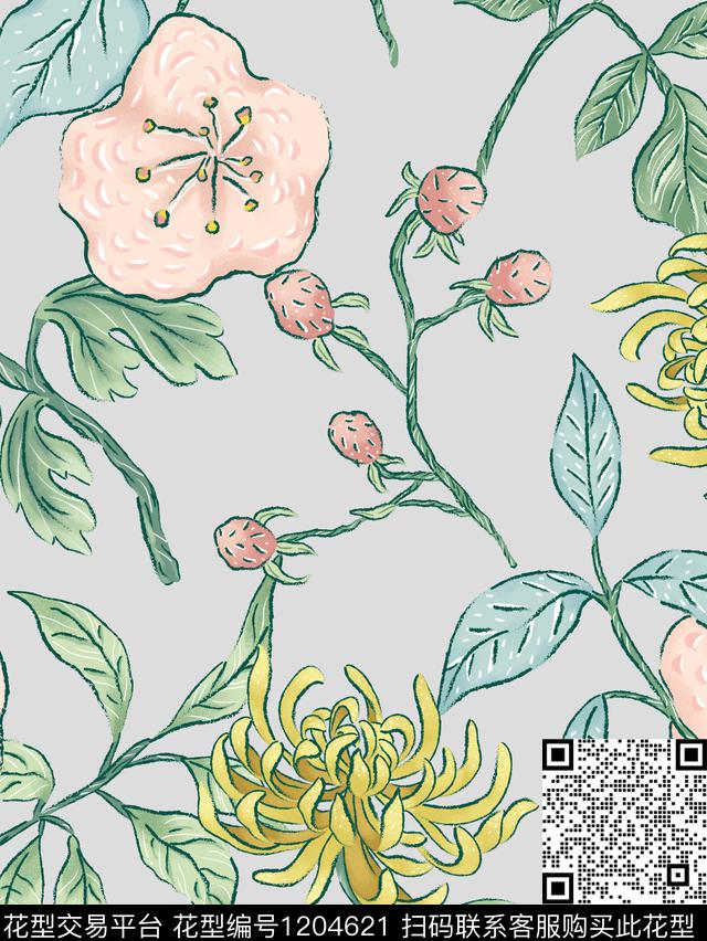 复古花卉（配色b）.jpg - 1204621 - 花卉 大牌风 绿植树叶 - 传统印花花型 － 女装花型设计 － 瓦栏