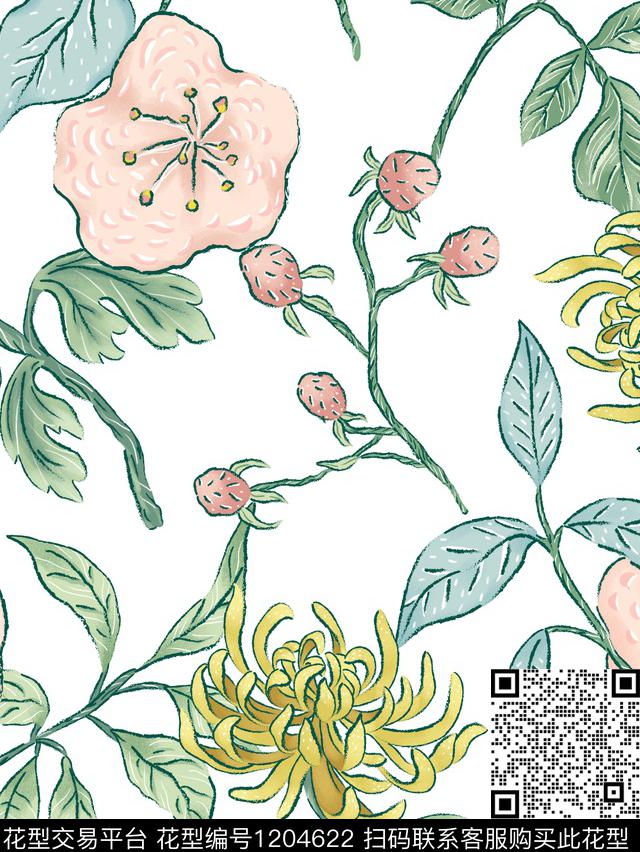 花卉大牌风绿植树叶传统印花花型下载（图片编号: 1204622） - 瓦栏（Walan）
