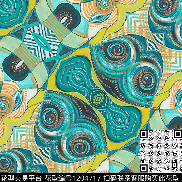 抽象鱼图腾.jpg - 1204717 - 几何 抽象 民族风 - 数码印花花型 － 女装花型设计 － 瓦栏