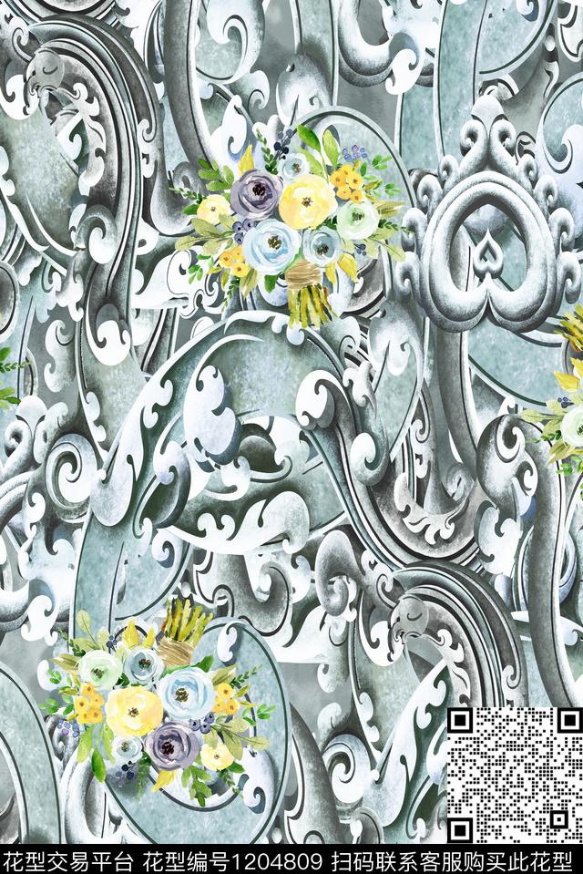 欧式花纹水彩花束.jpg - 1204809 - 古典花纹 水彩花卉 欧洲 - 数码印花花型 － 女装花型设计 － 瓦栏