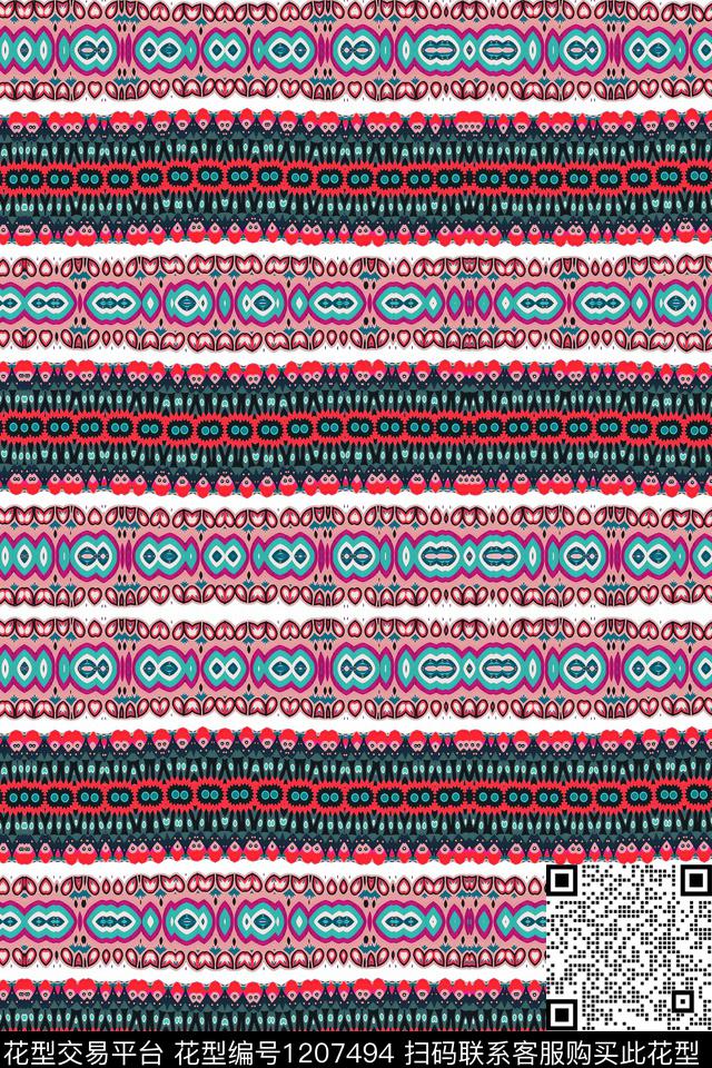 民族风条纹21#.jpg - 1207494 - 几何 马赛克 条纹 - 数码印花花型 － 女装花型设计 － 瓦栏