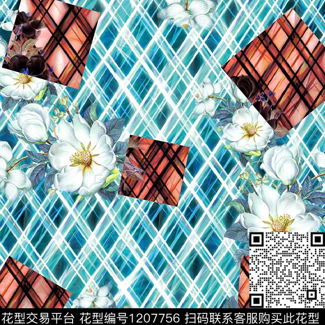 格子花卉.jpg - 1207756 - 几何 抽象 格子 - 数码印花花型 － 男装花型设计 － 瓦栏