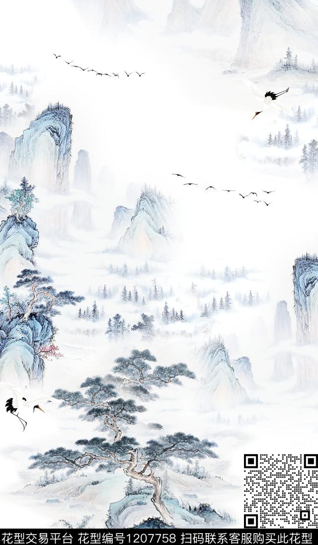 仙鹤手绘水墨风数码印花花型下载（图片编号: 1207758） - 瓦栏（Walan）