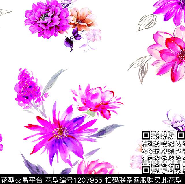 水彩水墨风.jpg - 1207955 - 数码花型 水彩花卉 牡丹 - 数码印花花型 － 女装花型设计 － 瓦栏