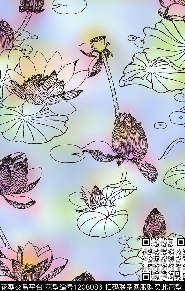 1105.jpg - 1208086 - 荷花 白描花卉 中国 - 数码印花花型 － 女装花型设计 － 瓦栏