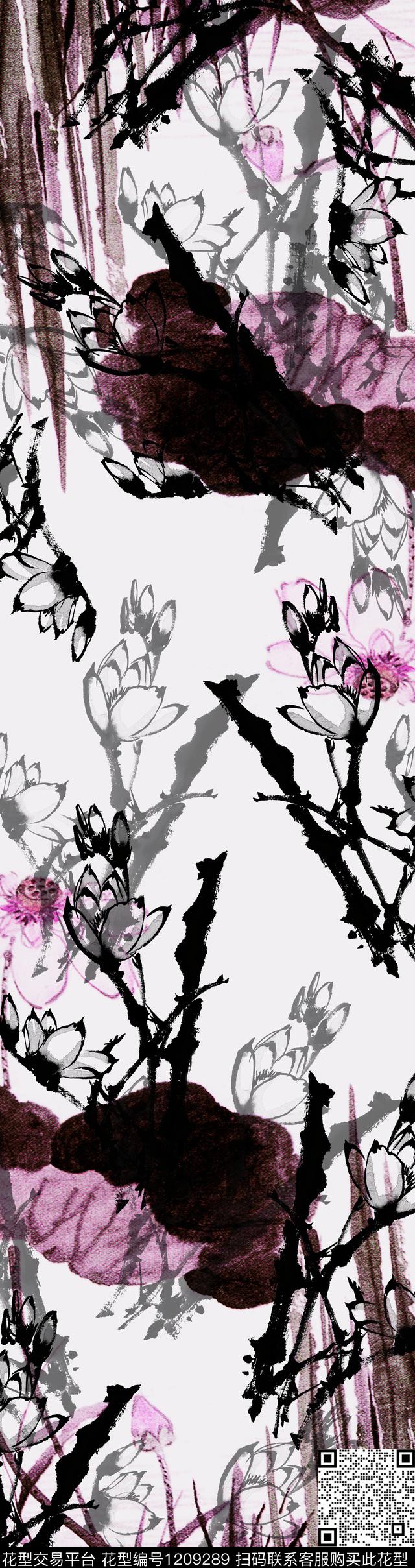 Y19C0072.jpg - 1209289 - 中长巾 荷花 传统花型 - 数码印花花型 － 长巾花型设计 － 瓦栏