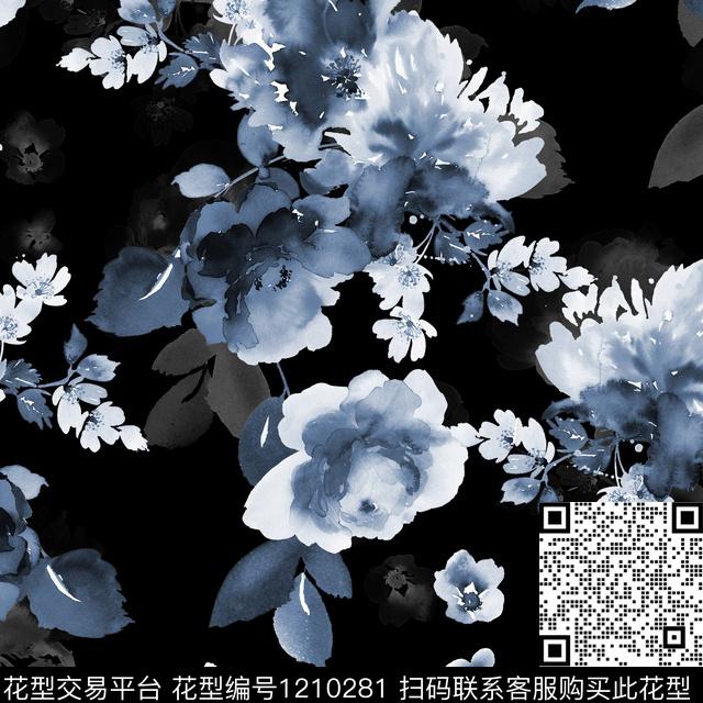 手绘花卉黑底花卉青色花数码印花花型下载（图片编号: 1210281） - 瓦栏（Walan）