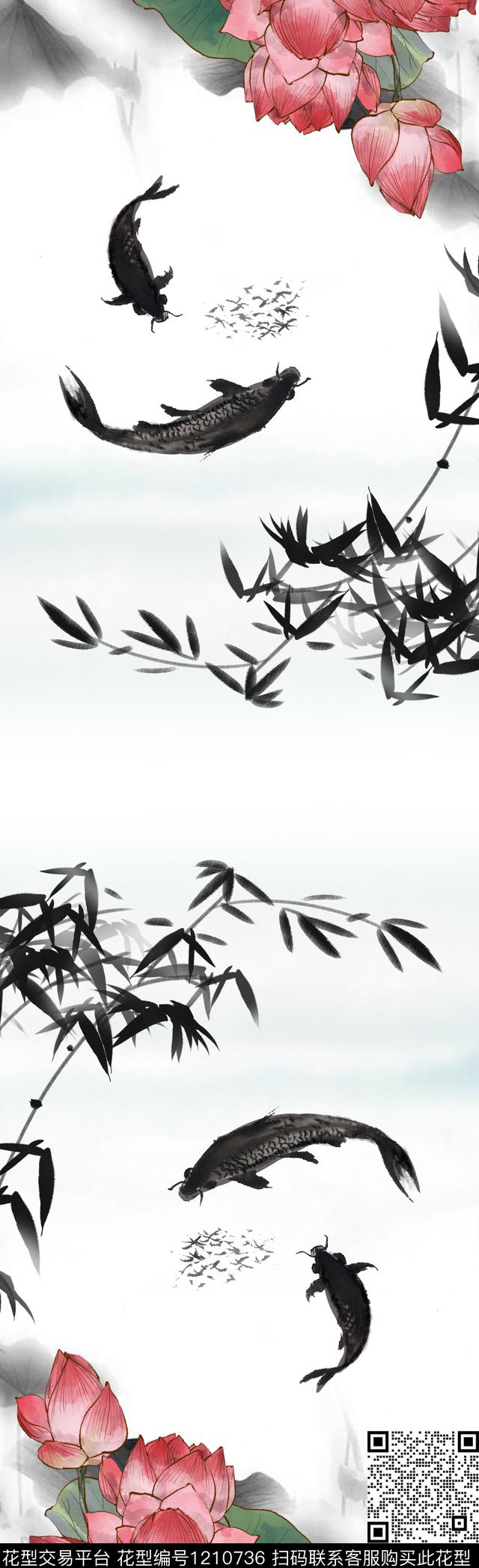 24.jpg - 1210736 - 鱼 荷花 竹子 - 数码印花花型 － 长巾花型设计 － 瓦栏