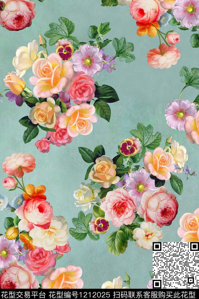 KHHX-009.jpg - 1212025 - 数码花型 花卉 1/2接 - 数码印花花型 － 女装花型设计 － 瓦栏