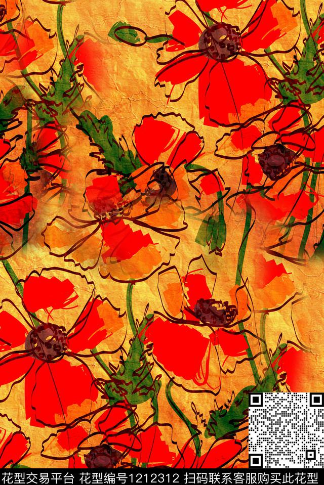 AG1904-14.jpg - 1212312 - 手绘花卉 复古 中老年 - 数码印花花型 － 女装花型设计 － 瓦栏