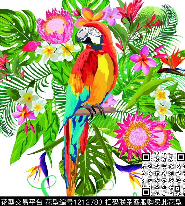01 鹦鹉热带花.jpg - 1212783 - 男装 数码花型 潮牌 - 数码印花花型 － 女装花型设计 － 瓦栏