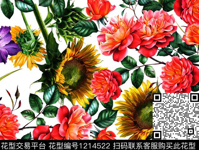 花卉向日葵玫瑰花数码印花花型下载（图片编号: 1214522） - 瓦栏（Walan）