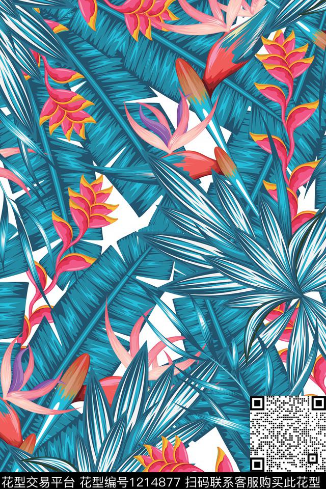 蓝2019-05-27-A4.jpg - 1214877 - 绿植树叶 花卉 棕榈树 - 传统印花花型 － 女装花型设计 － 瓦栏