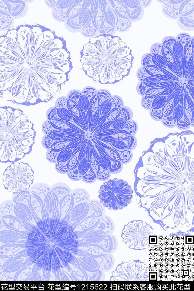 民族风图案圆圈与波点青蓝雅韵系列传统印花花型下载（图片编号: 1215622） - 瓦栏（Walan）