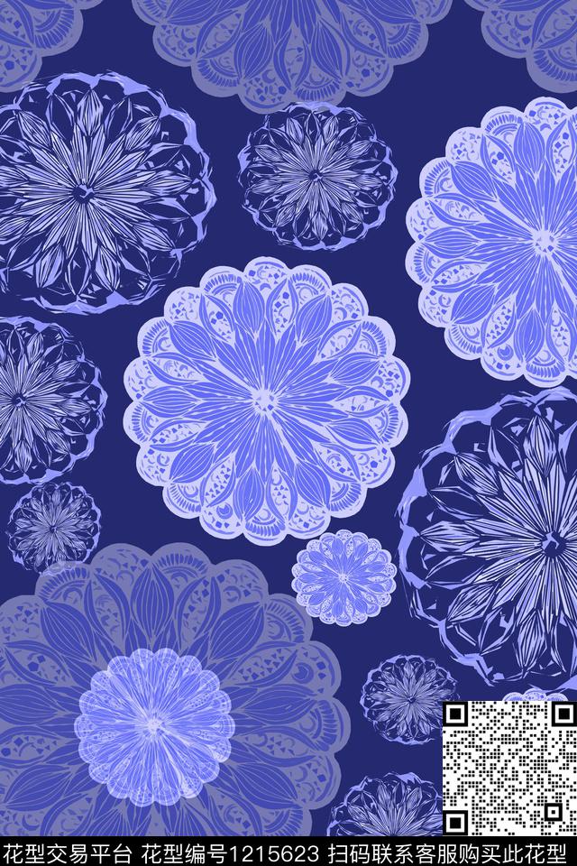 190602-民族风印花-3.jpg - 1215623 - 民族风图案 圆圈与波点 青蓝雅韵系列 - 传统印花花型 － 女装花型设计 － 瓦栏