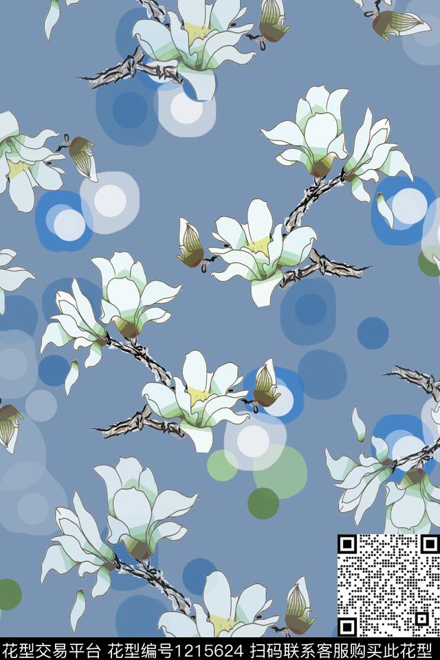民族风图案玉兰花语青蓝雅韵系列传统印花花型下载（图片编号: 1215624） - 瓦栏（Walan）
