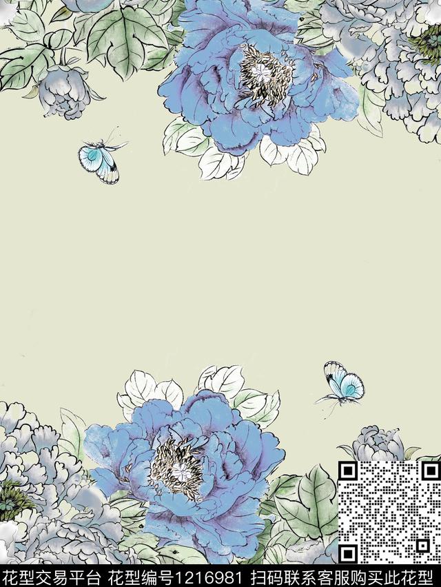 桌布（120x160)-1.jpg - 1216981 - 牡丹 民族风 国画风 - 数码印花花型 － 长巾花型设计 － 瓦栏