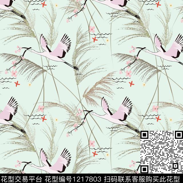 芦苇仙鹤2.tif - 1217803 - 休闲 仙鹤 芦苇 - 数码印花花型 － 女装花型设计 － 瓦栏