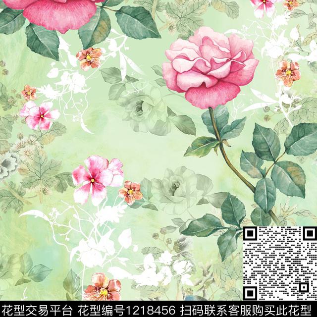 Q-0002.jpg - 1218456 - 清爽底花卉 中国 玫瑰花 - 数码印花花型 － 女装花型设计 － 瓦栏
