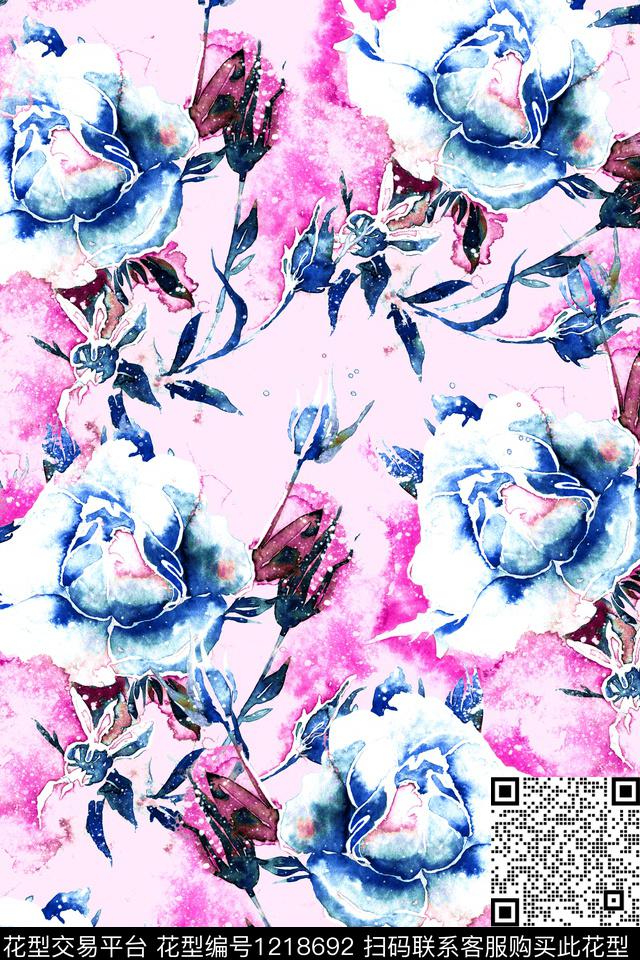 玫瑰花大牌风水彩花卉数码印花花型下载（图片编号: 1218692） - 瓦栏（Walan）