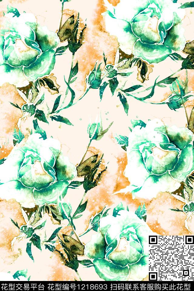 玫瑰花大牌风水彩花卉数码印花花型下载（图片编号: 1218693） - 瓦栏（Walan）
