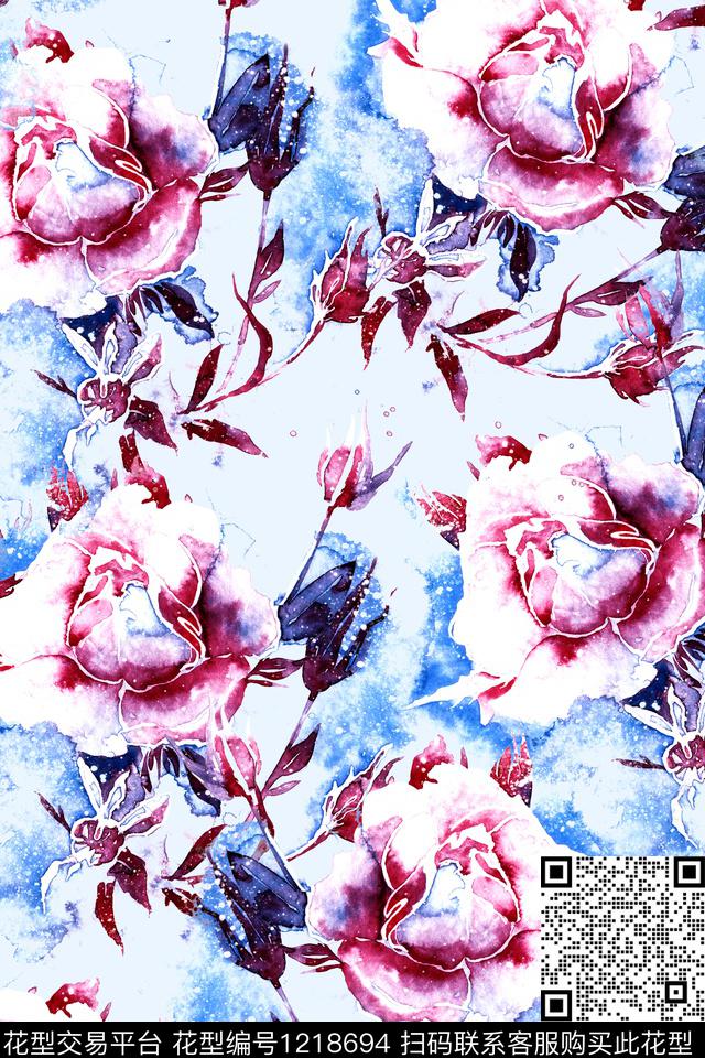 玫瑰花大牌风水彩花卉数码印花花型下载（图片编号: 1218694） - 瓦栏（Walan）